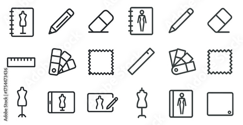 Fashion and design outline icons set – linear, style, clothing and sewing symbols