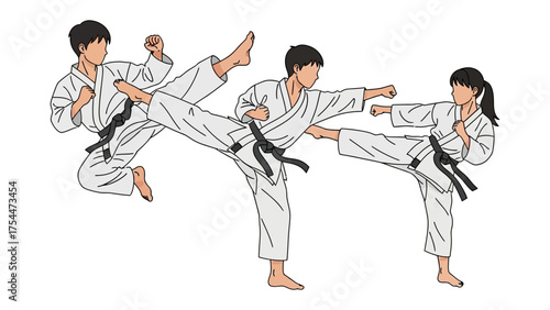 Dynamic Karate Display: A sequence of karate practitioners executing powerful kicks and strikes, showcasing skill, discipline, and the art of self-defense. 