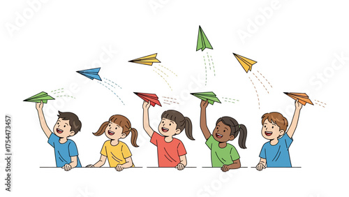 Soaring Dreams: Joyful children launch colorful paper airplanes, symbolizing aspiration and carefree play. 