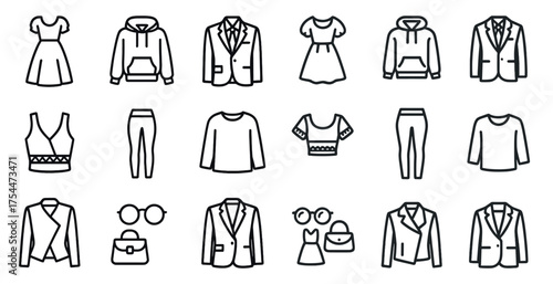 Clothing and fashion outline icons set – linear, style, wardrobe essentials