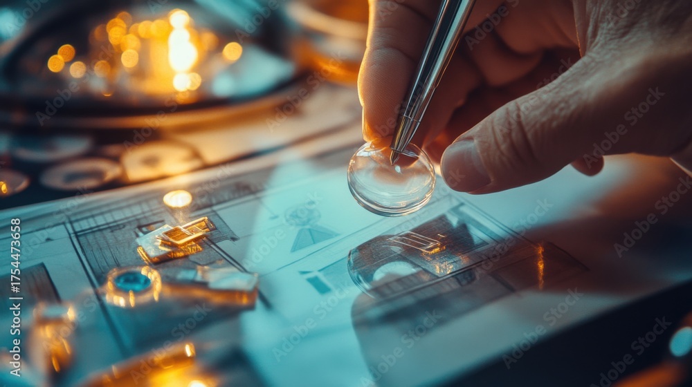 Obraz premium Precision Craftsmanship: Microchip Design Under Scrutiny with Advanced Magnification