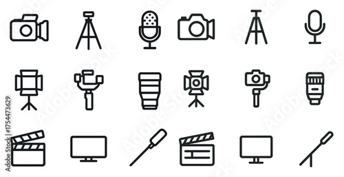 Photography equipment line icons set – silhouette, camera, video production symbols