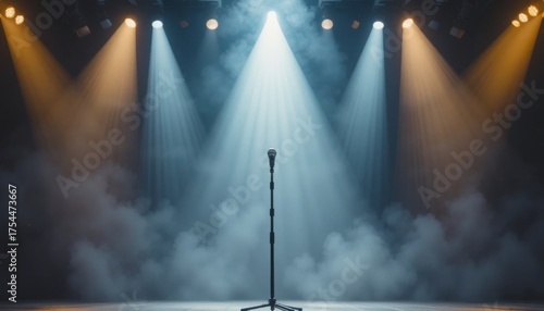 Empty microphone stand under a spotlight on a singing contest stage, emotional atmosphere, fog and lights, minimalist composition, ultra-detailed