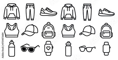 Athleisure line icons set – outline, linear, fitness and sports accessories
