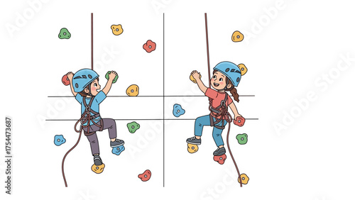 Climbing Adventure: Two young adventurers, fully geared up and beaming with excitement, scale a colorful climbing wall, displaying their strength, courage, and the sheer thrill of the climb.