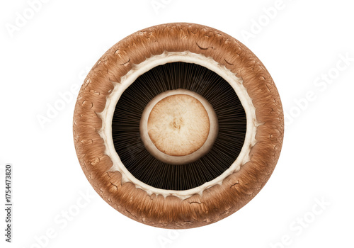 Isolated portobello mushroom with gills, an ingredient for vegetarian cooking recipe ideas