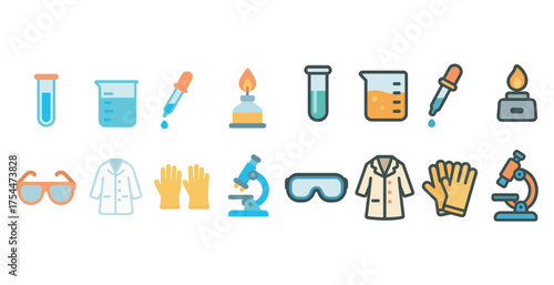Science and laboratory icons set – flat, filled, lab equipment and research symbols