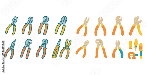 Hand tools linear icons set – outline, flat, construction and diy symbols