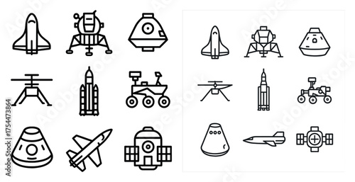 Space exploration icons set – outline, linear, cosmic technology symbols