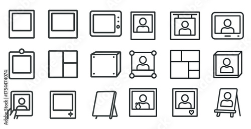 Photo frame outline icons set – linear, line, gallery and picture display symbols