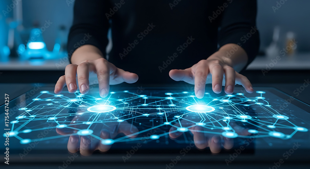 Fototapeta premium Digital Interaction Hands Engaging with a Glowing Network Interface, Technology in Focus