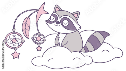 Delightful Loving Raccoon in a Fantasy dream scene with wearing glasses – Dreamland vector illustration