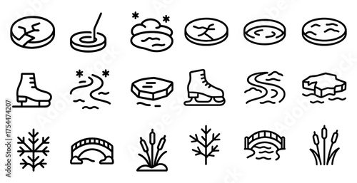 Winter sports line icons set – linear, outline, ice skating and hockey symbols