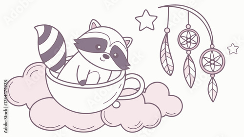 A Curious Raccoon with in a teacup in a Fantasy dream theme – Dreamland palette SVG illustration