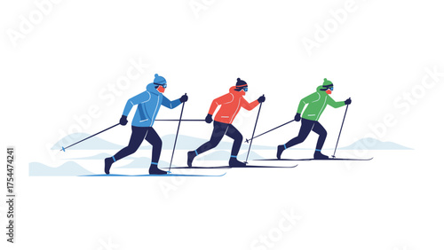 Skiing Trio: Three skiers carve through a snowy landscape, showcasing the exhilaration of cross-country skiing, The dynamic illustration captures the essence of winter sports and outdoor adventure.