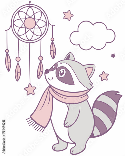 Cute SVG of a Amused Raccoon in Dreamland colors, featuring with a scarf in a Fantasy dream setting