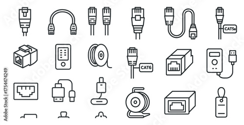 Networking and connectivity line icons set – outline, wired, communication symbols