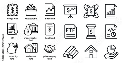 Finance and investment outline icons set – linear, money management symbols