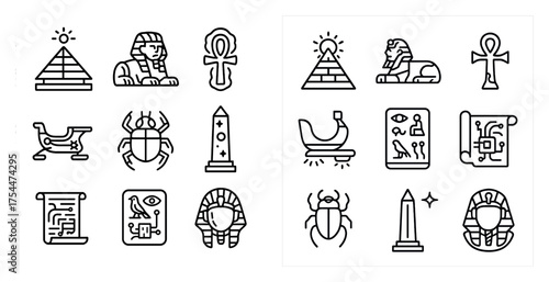 Egyptian culture outline icons set – line, silhouette, ancient symbols and artifacts