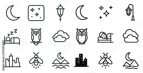 Night and sleep outline icons set – moon, dream, nighttime essentials