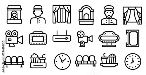 Cinema and theater outline icons set – movie, entertainment, film symbols