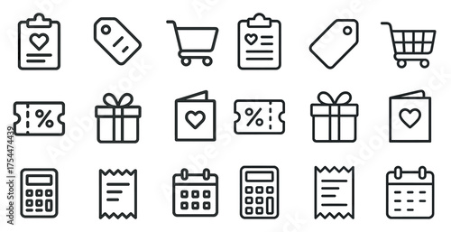 Shopping and retail outline icons set – linear, cart, discount symbols for commerce