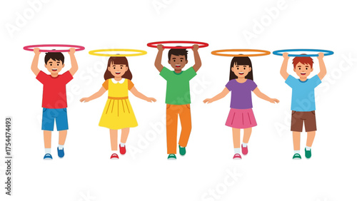 Hula Hoop Balance Challenge: A diverse group of children, each balancing a hula hoop on their head, demonstrates focus and coordination, symbolizing the joy of activity. 