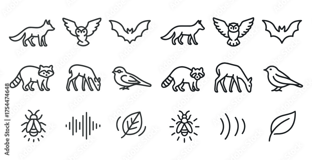 Naklejka premium Wildlife silhouette icons set – outline, flat, animal and nature symbols