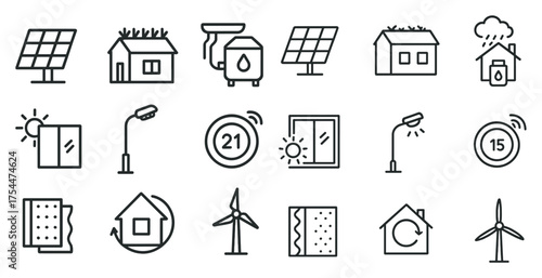 Renewable energy line icons set – outline, eco-friendly, sustainability symbols