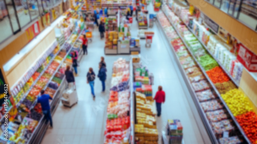 A dynamic, high-angle top view image capturing people moving through a supermarket aisle. Supermarket abstract blurred background