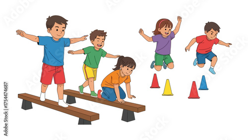 Active Kids at Play: A group of active children navigate an obstacle course, showcasing teamwork, balance, and joyful movement, capturing the essence of childhood adventure and camaraderie.