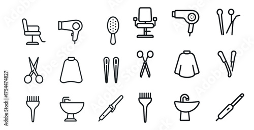 Hairdressing outline icons set – salon, stylist, beauty tools and grooming symbols