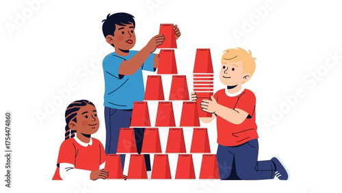 Building Blocks of Fun: Three children work together, constructing a tower of vibrant red cups, showcasing the power of teamwork, playfulness, and shared enjoyment. 