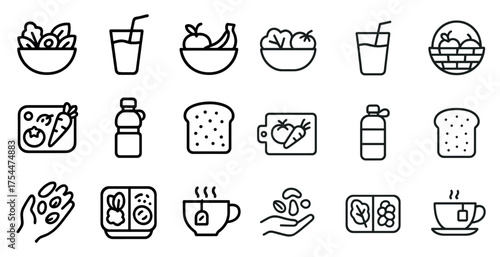 Food and beverage outline icons set – linear, diet, nutrition symbols