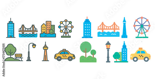 Cityscape and urban outline icons set – flat, silhouette, metropolitan and skyline elements