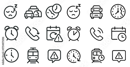 Time management outline icons set – flat, clock, deadline planning symbols