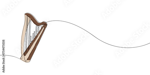 Minimalist line drawing with color accents of a harp. String musical instrument illustration for music, performance, concert, and artistic design concepts.