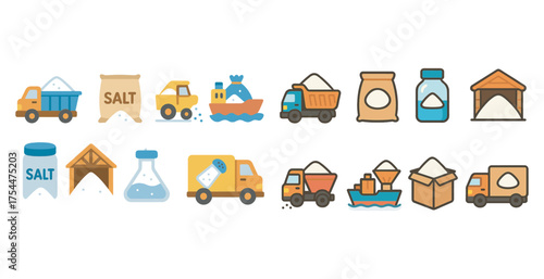 Salt transportation flat icons set – logistics, shipping, delivery symbols