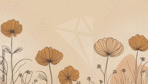 Abstract groovy posters flowers in beige tones. Modern trendy Minimal style. Hand drawn design for wallpaper, wall print, postcard, cover, template, banner. (12)