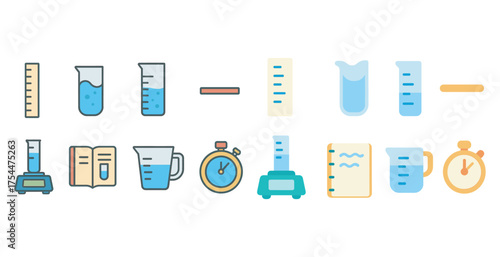 Science lab icons set – flat, filled, chemistry and measurement symbols collection