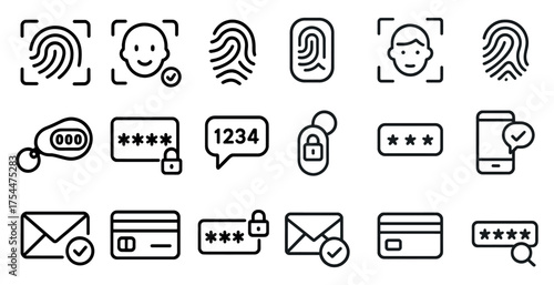 Biometric and security outline icons set – linear, silhouette, access and authentication symbols