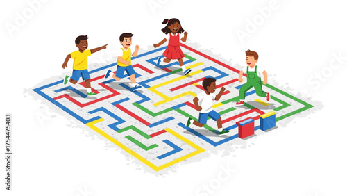 Children Navigating a Maze: A vibrant illustration showcases a group of diverse children happily navigating through a colorful maze. It captures the essence of problem-solving, learning.