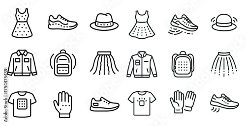 Fashion and apparel outline icons set – linear, clothing, style symbols