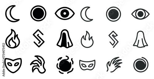 Mystical and supernatural outline icons set – symbols, line, spiritual elements