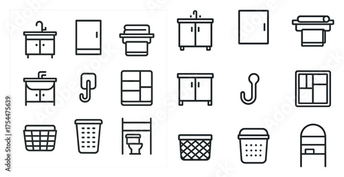 Bathroom essentials outline icons set – flat, linear, home and restroom symbols