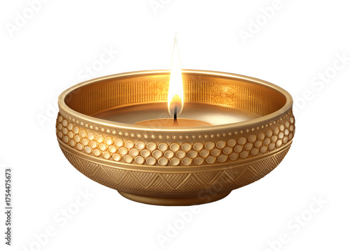 Traditional Indian Diya oil lamp with glowing flame, golden metallic texture, detailed lighting effect