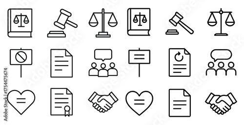 Justice and law outline icons set – legal, courtroom, scales and gavel symbols