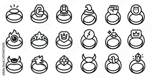 Fantasy magic rings outline icons set – linear, mystical, enchanted symbols