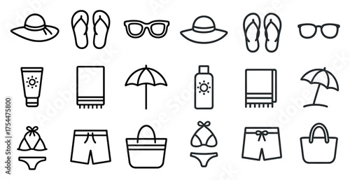 Summer and beach outline icons set – linear, flat, vacation and seaside symbols