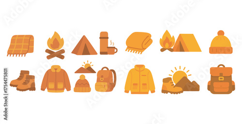 Camping and hiking flat icons set – outdoor, adventure, exploration graphics